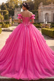 Fuchsia off-the-shoulder baljurk met kralen en quinceañera-jurk