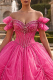 Fuchsia off-the-shoulder baljurk met kralen en quinceañera-jurk