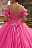 Fuchsia off-the-shoulder baljurk met kralen en quinceañera-jurk