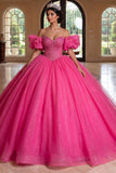Sprankelende off-the-shoulder fuchsia korset baljurk quinceañera jurk