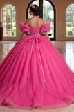 Sprankelende off-the-shoulder fuchsia korset baljurk quinceañera jurk