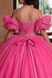 Sprankelende off-the-shoulder fuchsia korset baljurk quinceañera jurk