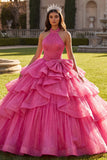 Halter Fuchsia met ruches baljurk quinceañera jurk met strik