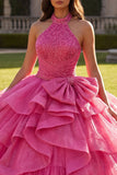 Halter Fuchsia met ruches baljurk quinceañera jurk met strik