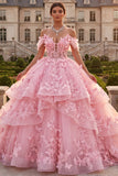 Off-the-shoulder roze baljurk met gerimpelde geappliceerde quinceañera-jurk