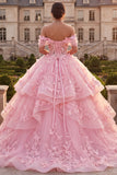 Off-the-shoulder roze baljurk met gerimpelde geappliceerde quinceañera-jurk