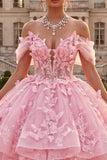 Off-the-shoulder roze baljurk met gerimpelde geappliceerde quinceañera-jurk