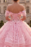 Off-the-shoulder roze baljurk met gerimpelde geappliceerde quinceañera-jurk