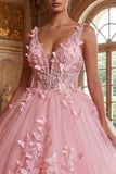 Roze V-hals baljurk met appliquatie quinceañera jurk