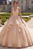 Strapless champagne-appliqueerde baljurk met ruches in quinceañera jurk
