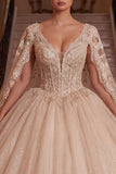 Champagne V-hals korset baljurk quinceañera jurk met cape mouwen