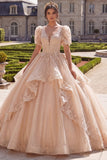 Champagne V-hals geappliqueerde baljurk quinceañera jurk met korte mouwen