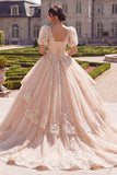 Champagne V-hals geappliqueerde baljurk quinceañera jurk met korte mouwen