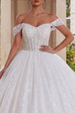 Sprankelende off-the-shoulder witte korset baljurk
