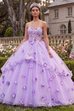 Lila strapless korset baljurk Quinceañera jurk met 3D-bloemen