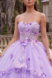 Lila strapless korset baljurk Quinceañera jurk met 3D-bloemen