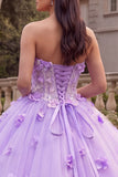 Lila strapless korset baljurk Quinceañera jurk met 3D-bloemen