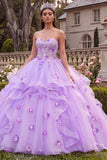 Strapless lila gerimpelde baljurk quinceañera jurk met 3D-bloemen