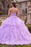 Strapless lila gerimpelde baljurk quinceañera jurk met 3D-bloemen