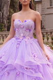 Strapless lila gerimpelde baljurk quinceañera jurk met 3D-bloemen