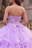 Strapless lila gerimpelde baljurk quinceañera jurk met 3D-bloemen