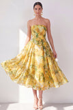 A-lijn gele strapless chiffon bedrukte midi bloemenjurk