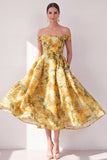 Off-the-shoulder A-lijn gele chiffon bedrukte bloemen midi-jurk met zakken