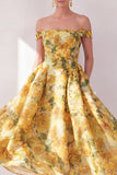 Off-the-shoulder A-lijn gele chiffon bedrukte bloemen midi-jurk met zakken