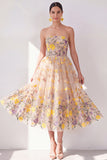 Abrikozen, strapless A-lijn tule geborduurde bloemen midi jurk