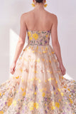 Abrikozen, strapless A-lijn tule geborduurde bloemen midi jurk