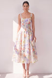Witte paarse bloem A-lijn vierkante hals chiffon korset midi jurk