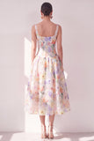 Witte paarse bloem A-lijn vierkante hals chiffon korset midi jurk