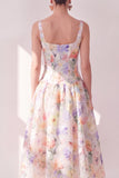 Witte paarse bloem A-lijn vierkante hals chiffon korset midi jurk