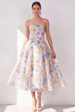 A-lijn witte paarse bloem strapless chiffon midi-jurk