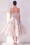 A-lijn witte paarse bloem strapless chiffon midi-jurk