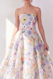 A-lijn witte paarse bloem strapless chiffon midi-jurk