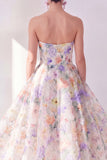 A-lijn witte paarse bloem strapless chiffon midi-jurk