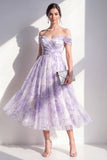 Lila off-the-shoulder A-lijn gerimpelde midi bloemenjurk