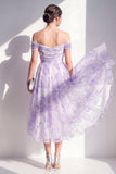 Lila off-the-shoulder A-lijn gerimpelde midi bloemenjurk