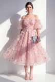 Blush off the shoulder A-lijn gerimpelde pailletten bloemenjurk midi jurk