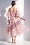 Blush off the shoulder A-lijn gerimpelde pailletten bloemenjurk midi jurk