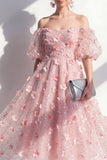 Blush off the shoulder A-lijn gerimpelde pailletten bloemenjurk midi jurk