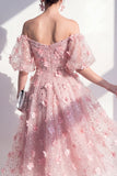Blush off the shoulder A-lijn gerimpelde pailletten bloemenjurk midi jurk