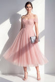 Tule blush off the shoulder A-lijn gerimpelde midi-jurk