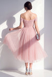 Tule blush off the shoulder A-lijn gerimpelde midi-jurk