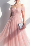 Tule blush off the shoulder A-lijn gerimpelde midi-jurk