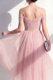 Tule blush off the shoulder A-lijn gerimpelde midi-jurk