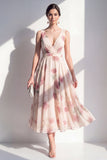 A-lijn chiffon blush V-hals gerimpelde midi bloemenjurk