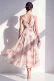 A-lijn chiffon blush V-hals gerimpelde midi bloemenjurk