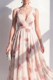 A-lijn chiffon blush V-hals gerimpelde midi bloemenjurk
